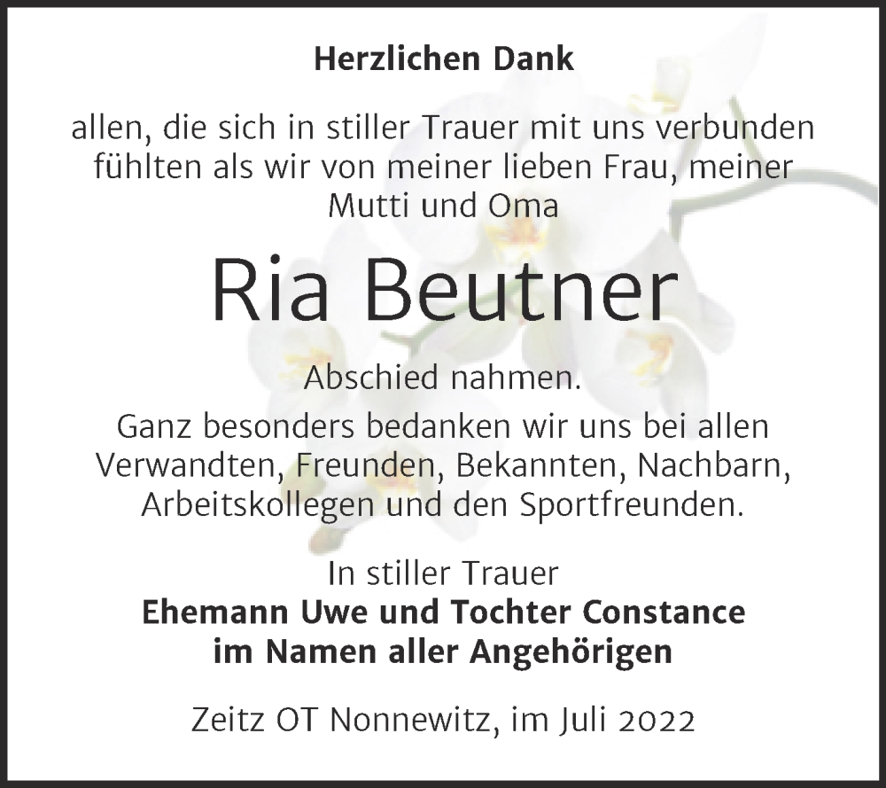  Traueranzeige für Ria Beutner vom 09.07.2022 aus Trauerkombi Zeitz