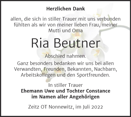 Traueranzeige von Ria Beutner von Trauerkombi Zeitz