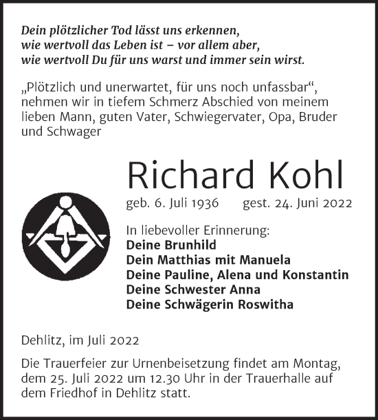 Traueranzeige von Richard Kohl von Trauerkombi Weißenfels