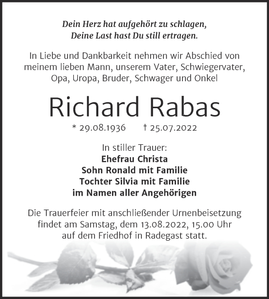 Traueranzeige von Richard Rabas von Trauerkombi Köthen