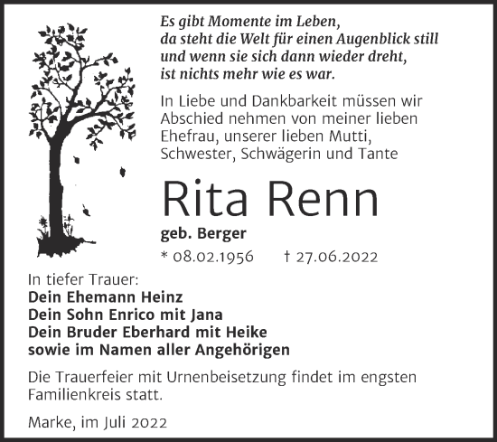 Traueranzeige von Rita Renn von Trauerkombi Bitterfeld