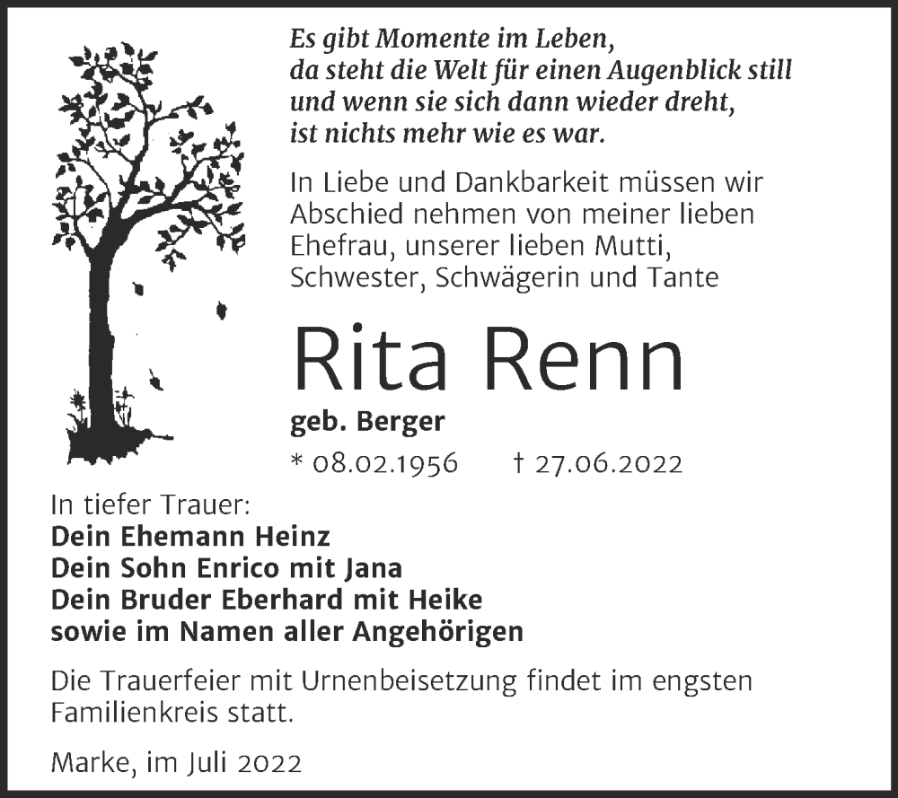  Traueranzeige für Rita Renn vom 02.07.2022 aus Trauerkombi Bitterfeld