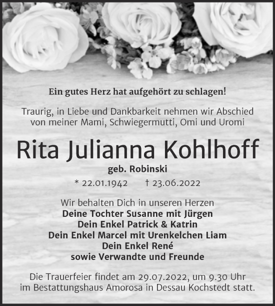 Traueranzeige von Rita Julianna Kohlhoff von Trauerkombi Dessau