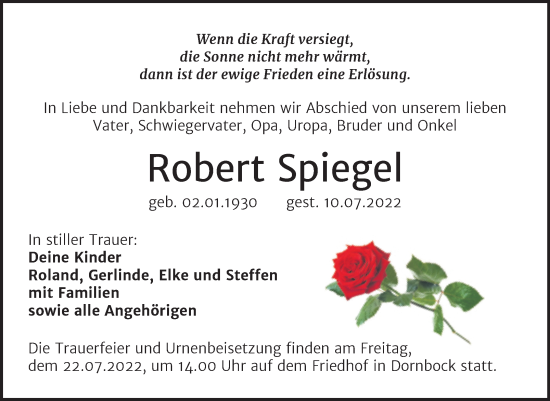 Traueranzeige von Robert Spiegel von Trauerkombi Köthen