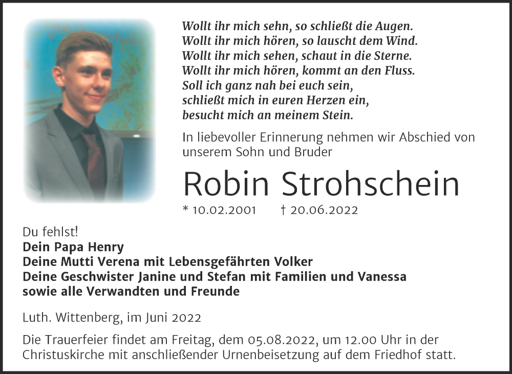  Traueranzeige für Robin Strohschein vom 09.07.2022 aus Trauerkombi Wittenberg