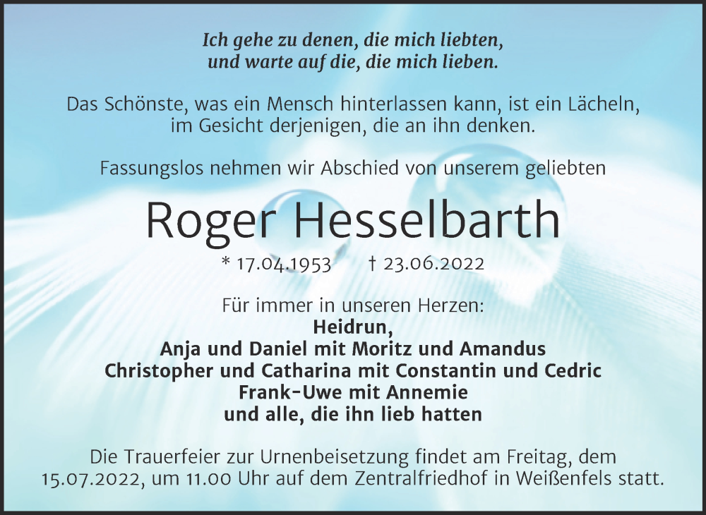  Traueranzeige für Roger Hesselbarth vom 02.07.2022 aus Trauerkombi Weißenfels