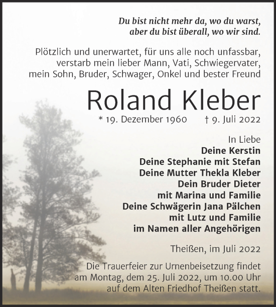 Traueranzeige von Roland Kleber von Trauerkombi Zeitz