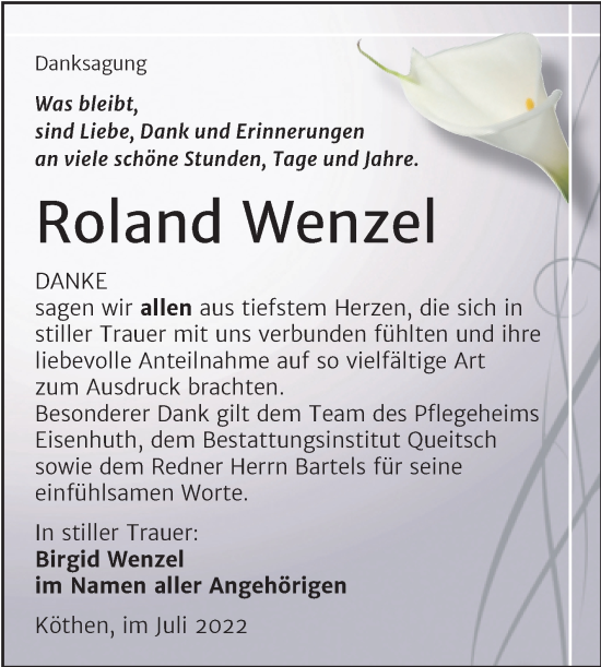 Traueranzeige von Roland Wenzel von Trauerkombi Köthen