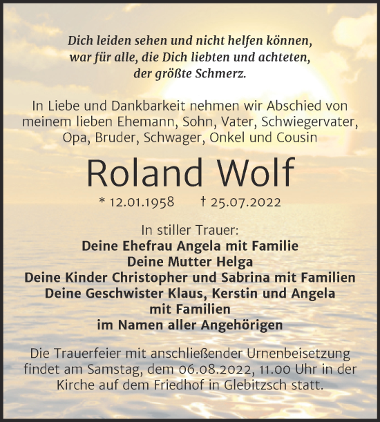 Traueranzeige von Roland Wolf von Trauerkombi Bitterfeld