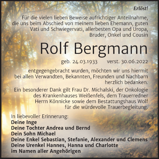 Traueranzeige von Rolf Bergmann von Trauerkombi Weißenfels