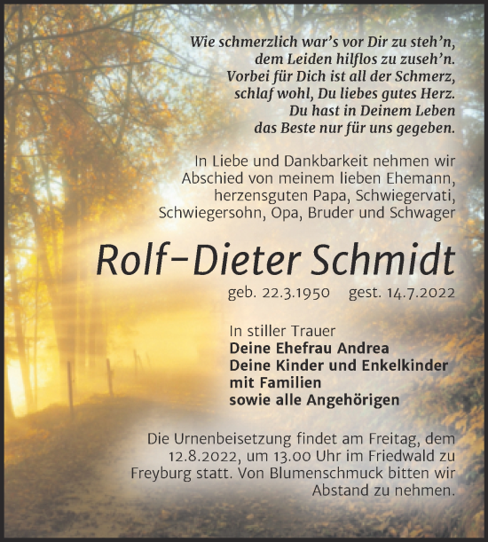 Traueranzeige von Rolf-Dieter Schmidt von Trauerkombi Weißenfels