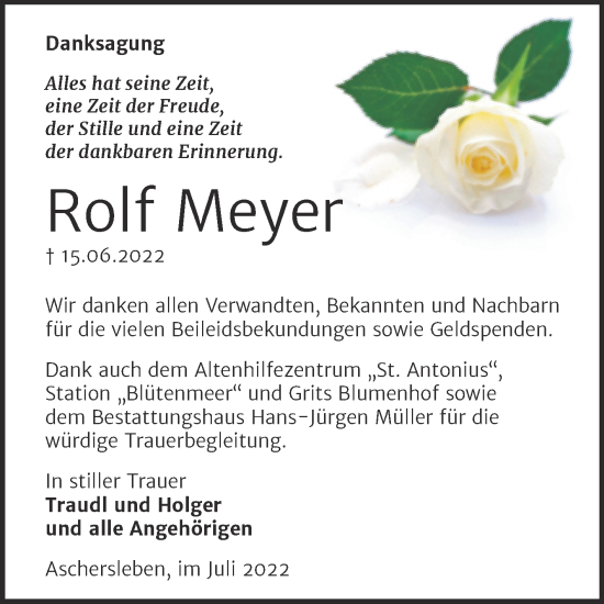 Traueranzeige von Rolf Meyer von Trauerkombi Aschersleben