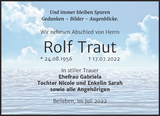 Traueranzeige von Rolf Traut von Trauerkombi Bernburg