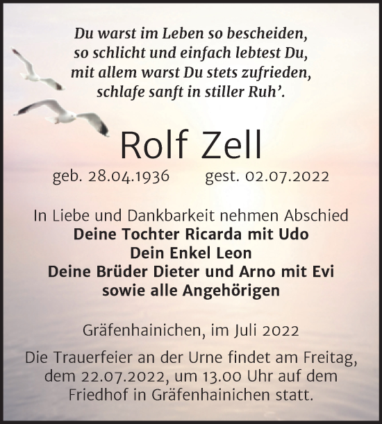 Traueranzeige von Rolf Zell von Trauerkombi Wittenberg