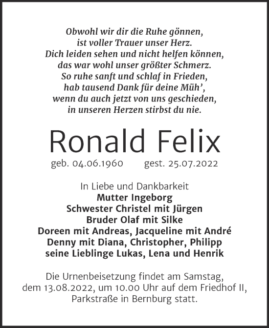 Traueranzeige von Ronald Felix von Trauerkombi Bernburg