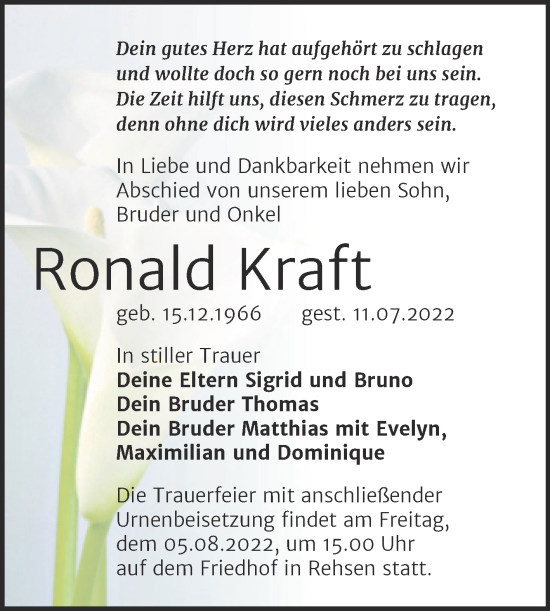 Traueranzeige von Ronald Kraft von Trauerkombi Wittenberg