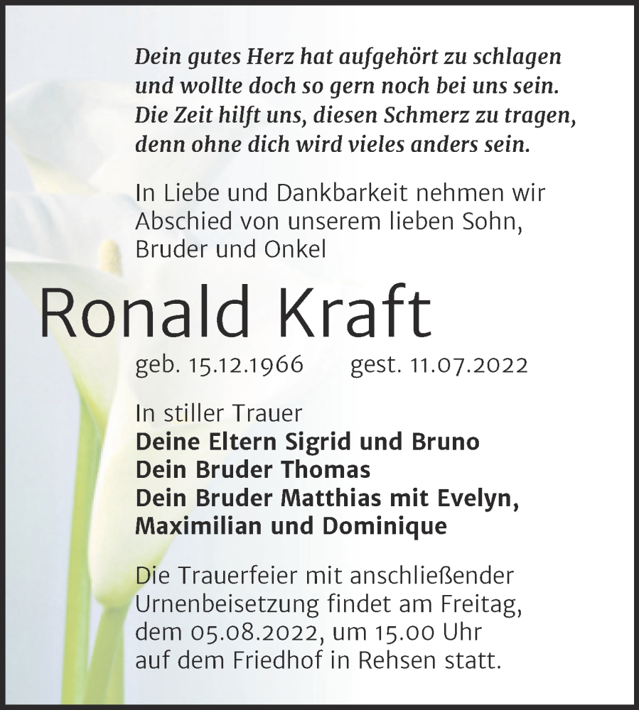  Traueranzeige für Ronald Kraft vom 23.07.2022 aus Trauerkombi Wittenberg