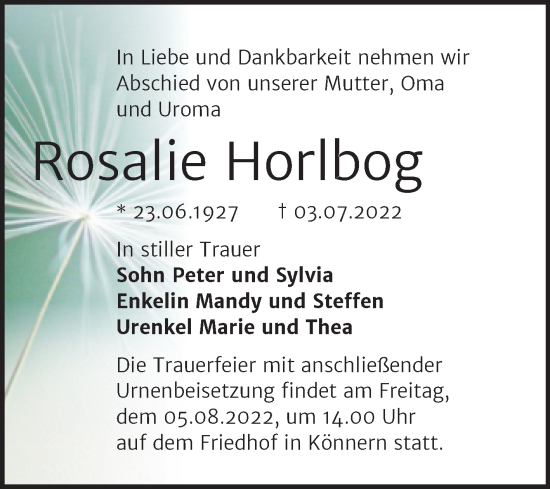 Traueranzeige von Rosalie Horlbog von Trauerkombi Bernburg