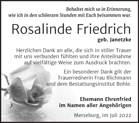 Traueranzeige von Rosalinde Friedrich von Trauerkombi Merseburg
