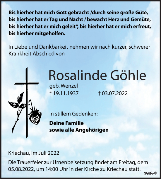Traueranzeige von Rosalinde Göhle von Trauerkombi Weißenfels