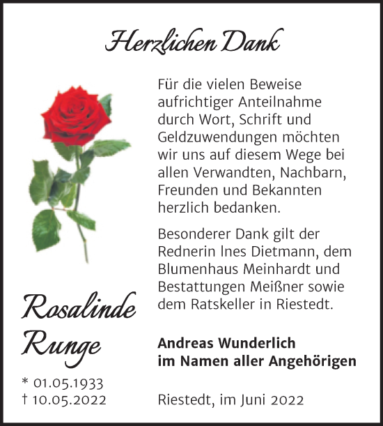 Traueranzeige von Rosalinde Runge von Trauerkombi Sangerhausen
