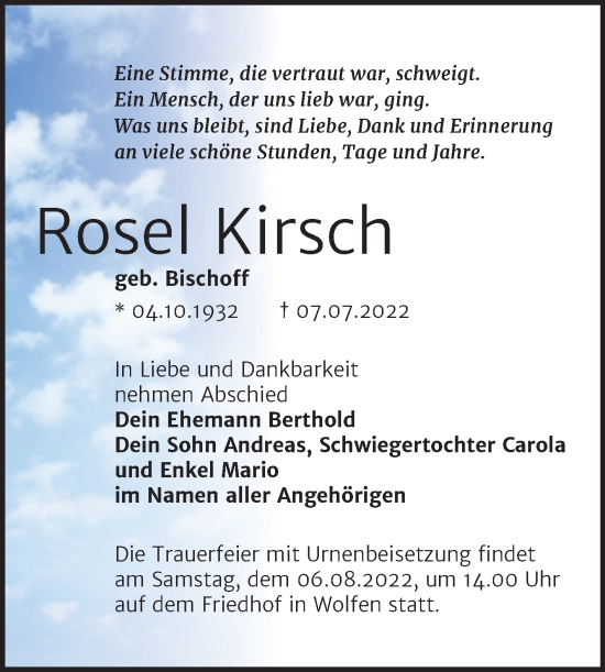 Traueranzeige von Rosel Kirsch von Trauerkombi Bitterfeld
