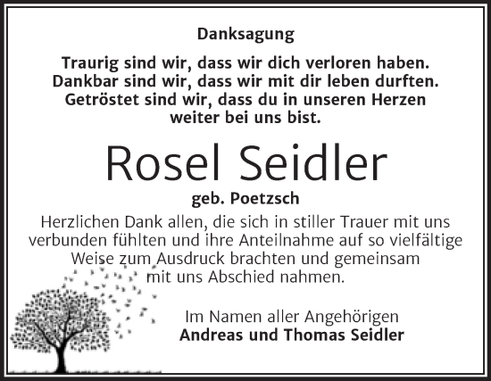 Traueranzeige von Rosel Seidler von Trauerkombi Zeitz