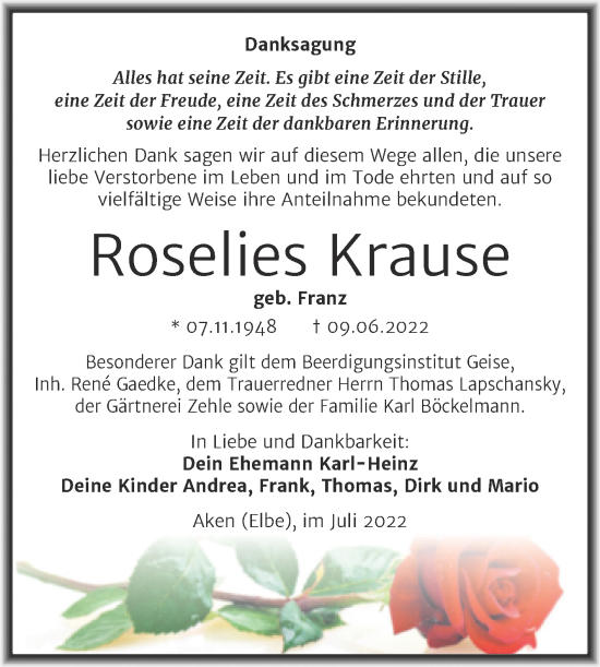 Traueranzeige von Roselies Krause von Trauerkombi Köthen
