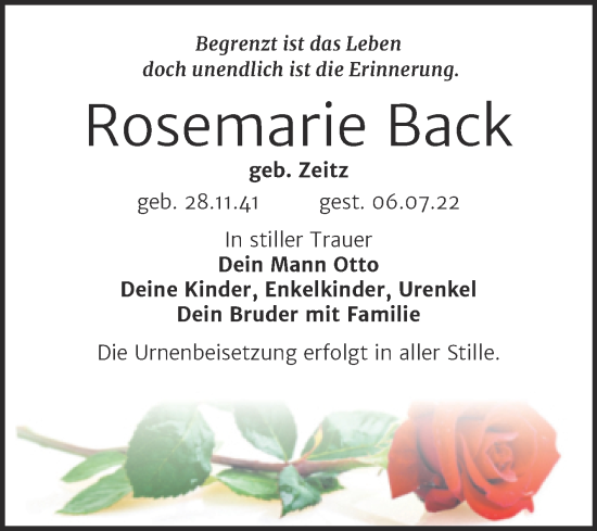 Traueranzeige von Rosemarie Back von Trauerkombi Aschersleben