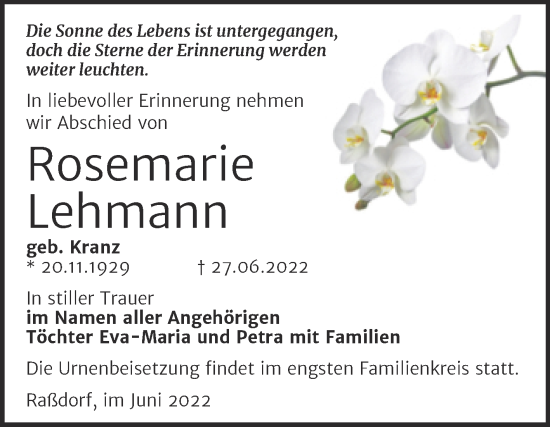 Traueranzeige von Rosemarie Lehmann von Trauerkombi Wittenberg