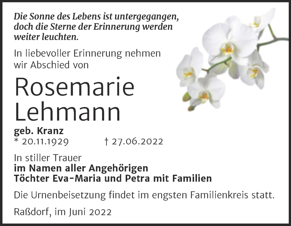  Traueranzeige für Rosemarie Lehmann vom 02.07.2022 aus Trauerkombi Wittenberg