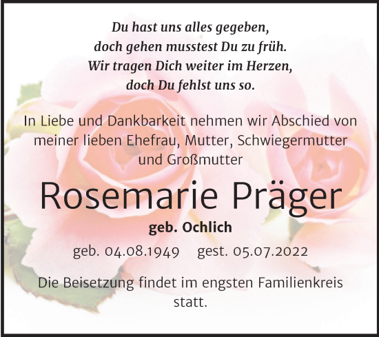 Traueranzeige von Rosemarie Präger von Trauerkombi Sangerhausen