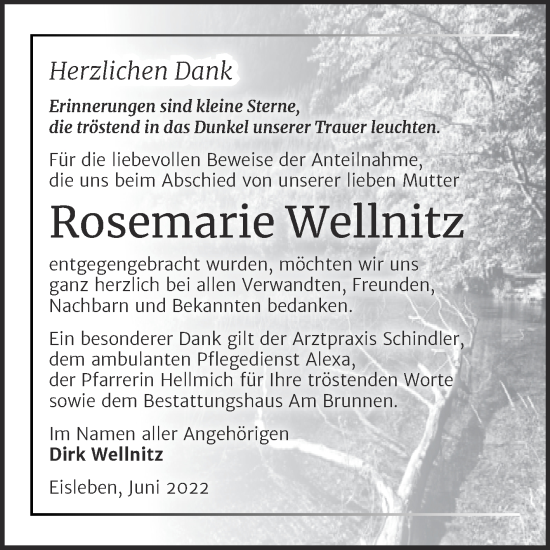 Traueranzeige von Rosemarie Wellnitz von Trauerkombi Mansfelder Land