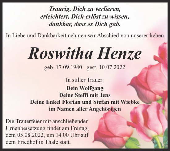 Traueranzeige von Roswitha Henze von Trauerkombi Quedlinburg