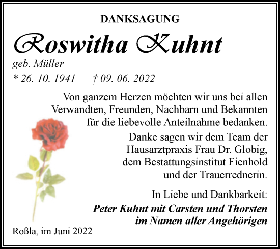 Traueranzeige von Roswitha Kuhn von Trauerkombi Sangerhausen