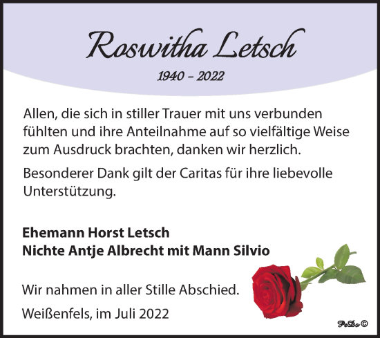 Traueranzeige von Roswitha Letsch von Trauerkombi Weißenfels