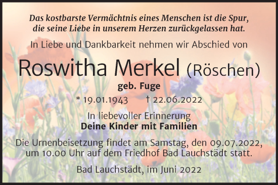 Traueranzeige von Roswitha Merkel von Mitteldeutsche Zeitung Merseburg/Querfurt