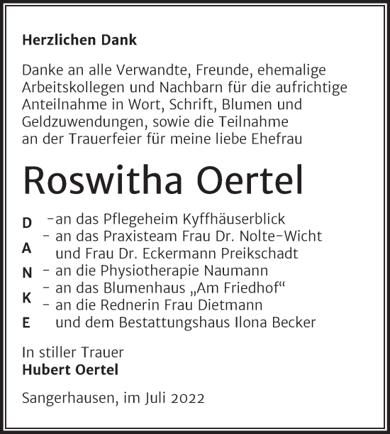Traueranzeige von Roswitha Oertel von Trauerkombi Sangerhausen