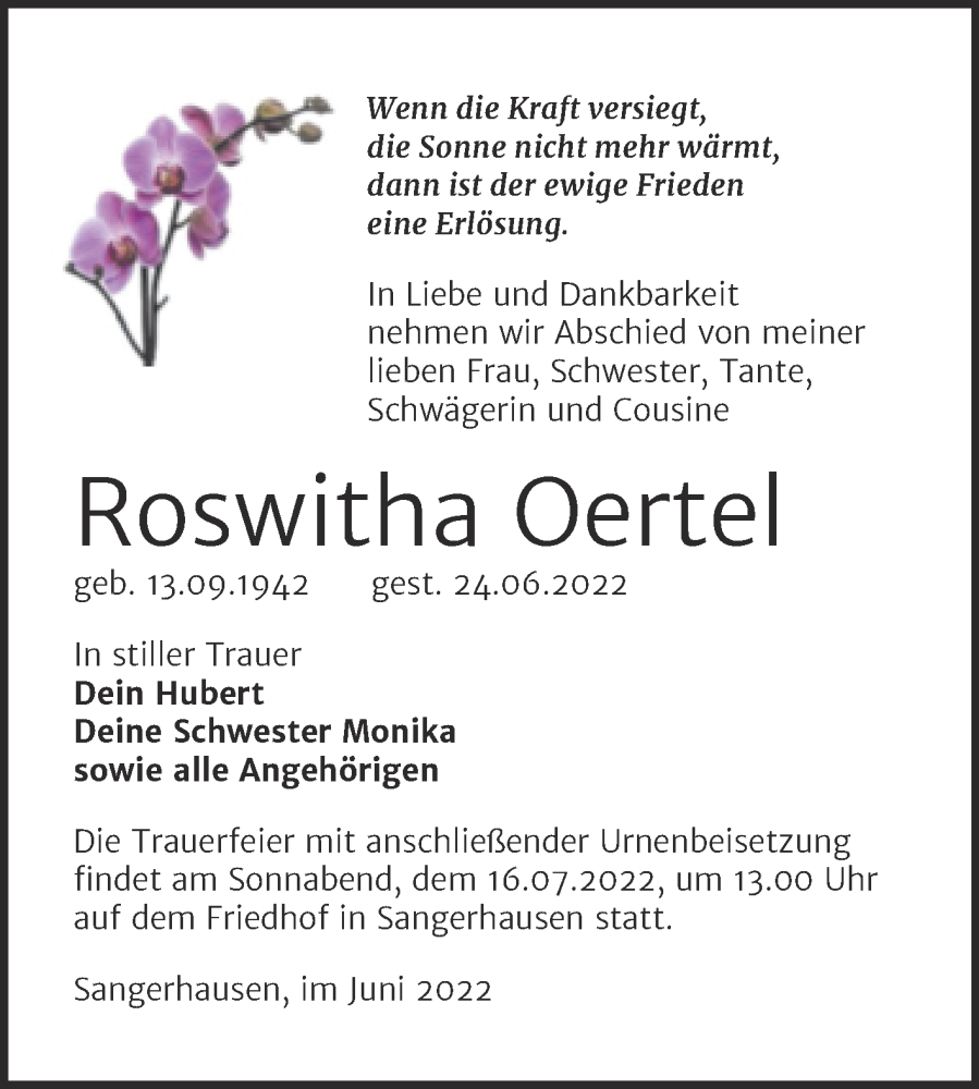  Traueranzeige für Roswitha Oertel vom 02.07.2022 aus Trauerkombi Sangerhausen