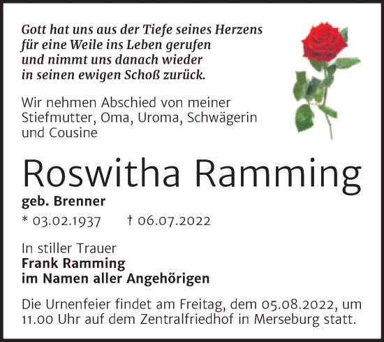 Traueranzeige von Roswitha Ramming von Trauerkombi Merseburg
