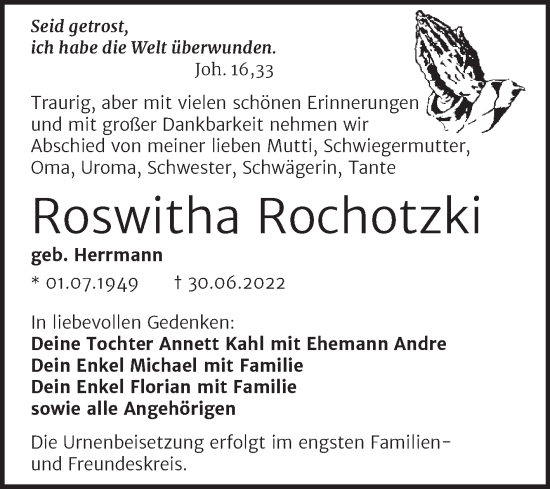 Traueranzeige von Roswitha Rochotzki von Trauerkombi Weißenfels