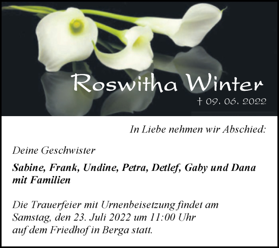 Traueranzeige von Roswitha Winter von Trauerkombi Sangerhausen