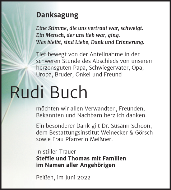 Traueranzeige von Rudi Buch von Trauerkombi Bernburg