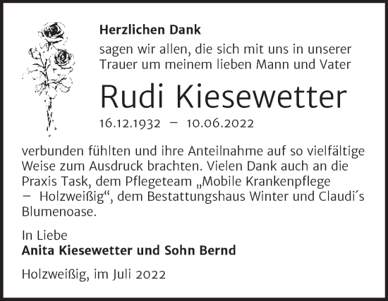 Traueranzeige von Rudi Kiesewetter von Trauerkombi Bitterfeld
