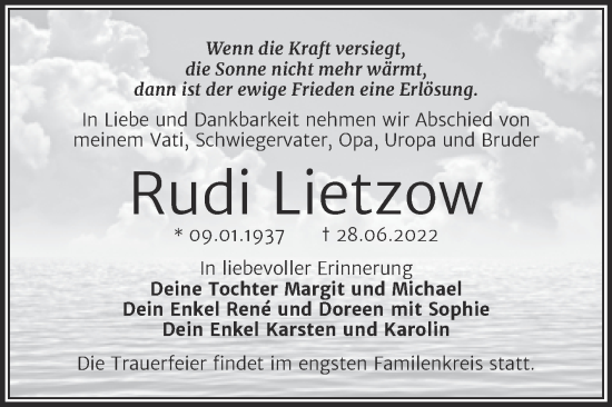Traueranzeige von Rudi Lietzow von Trauerkombi Dessau