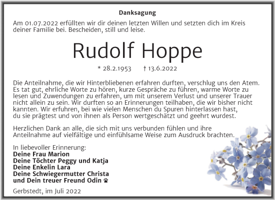 Traueranzeige von Rudolf Hoppe von Trauerkombi Mansfelder Land