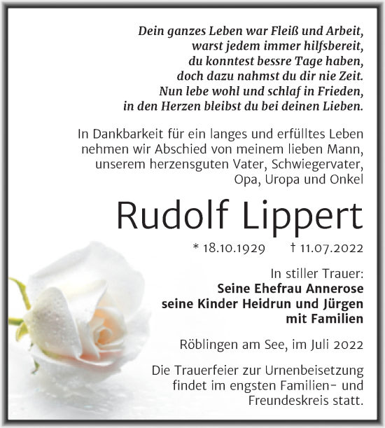 Traueranzeige von Rudolf Lippert von Trauerkombi Mansfelder Land