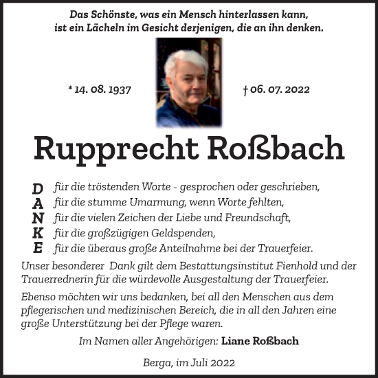 Traueranzeige von Rupprecht Roßbach von Trauerkombi Sangerhausen
