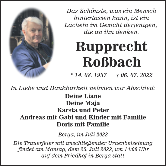 Traueranzeige von Rupprecht Roßbach von Trauerkombi Sangerhausen