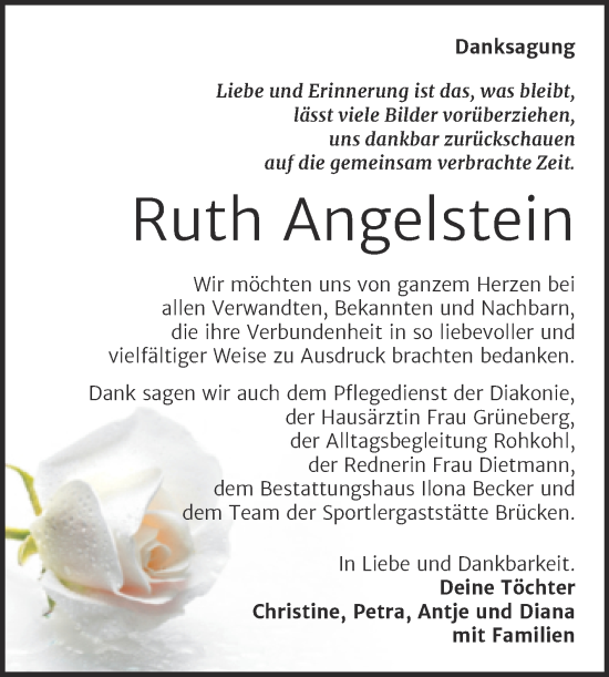 Traueranzeige von Ruth Angelstein von Trauerkombi Sangerhausen